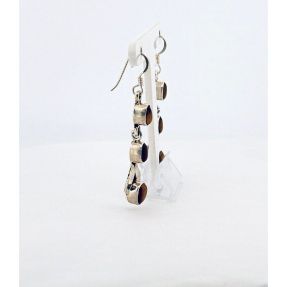 925 Sterling Silver Drop Dangle Earrings with Tiger's Eye Gemstones, Hook Back - Picture 3 of 11